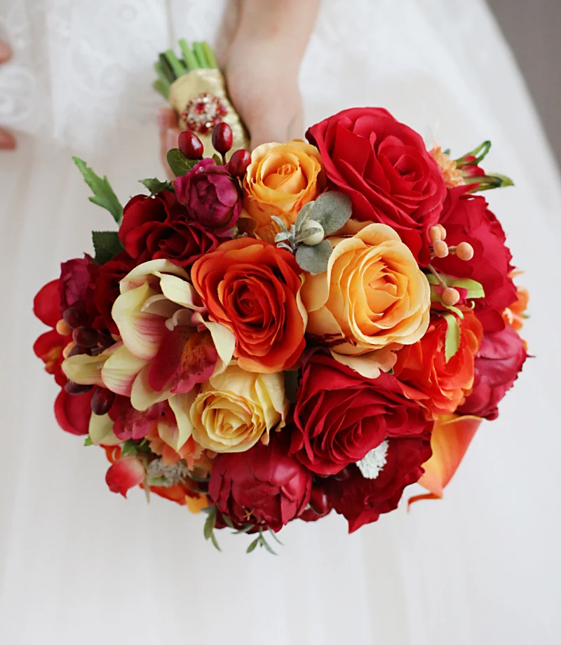 Высокое качество пользовательский букет невесты с цветами красная оранжевая