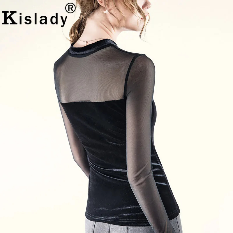 Kisaldy новые женские сетчатые Лоскутные рубашки с круглым вырезом облегающие