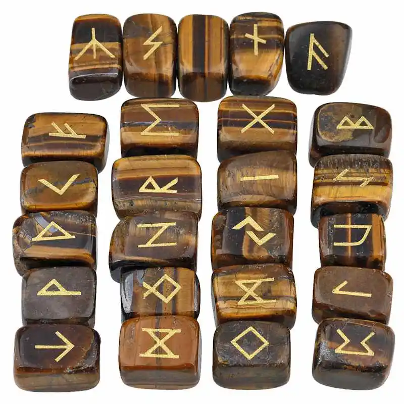 Tigers Eye TUMBEELLUWA 25 шт./компл. Руна камни гравировкой Старший ФУТАРК рунические алфавиты Wicca, с украшением в виде кристаллов Исцеление Рейки - Цвет: Tigers Eye