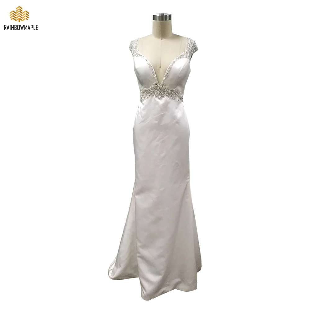Sexy V-Neck Sheer Back Beading Sash Floor Length Satin Mermaid Wedding Dresses Simple Sleeveless Bridal Gowns Cheap MW004 | Свадьбы и