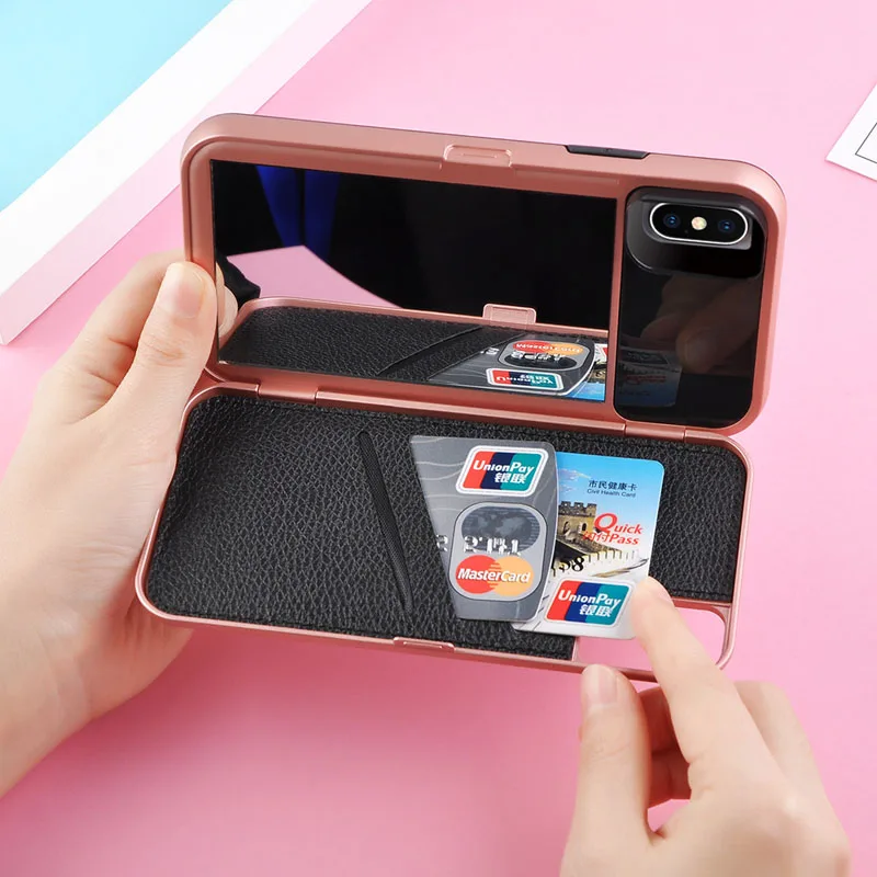 Зеркало для макияжа флип чехол для iPhone X, 8, 7, 6, 6 S, Plus, Fundas держатель крышки с телефонные разъемы для карт чехлы