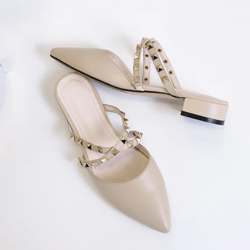 Kmeioo Fashion Rivets Sandals Woman Pointed Toe Square Heels Cross-Tie Low Heel Mule Slides Women Classic Dress Mules Beige | Обувь