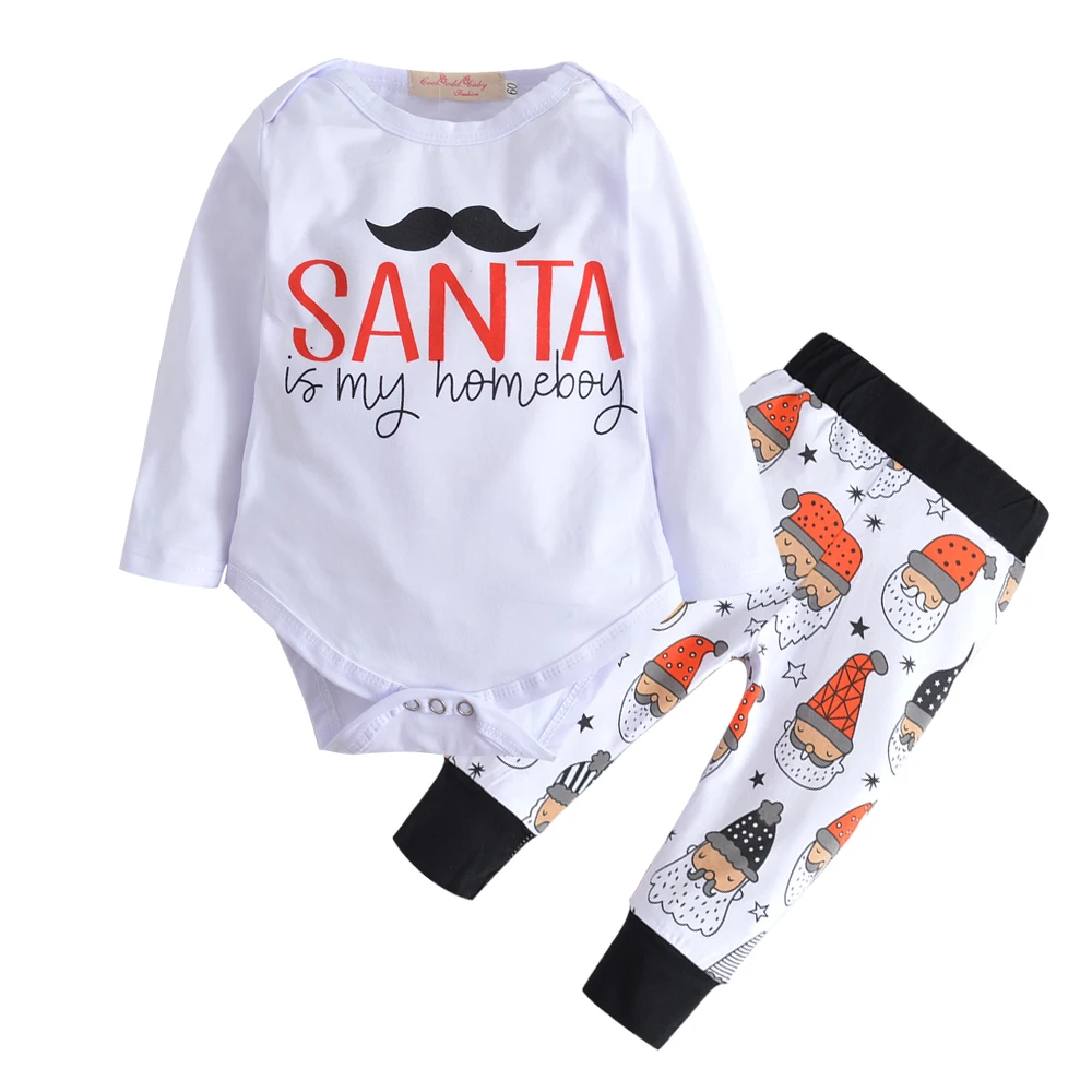 2PCS Christmas Infant Clothes Cotton Long Sleeve Romper+Santa Claus Pants Toddler Outfits Newborn Baby Boys Girls Clothing Set
