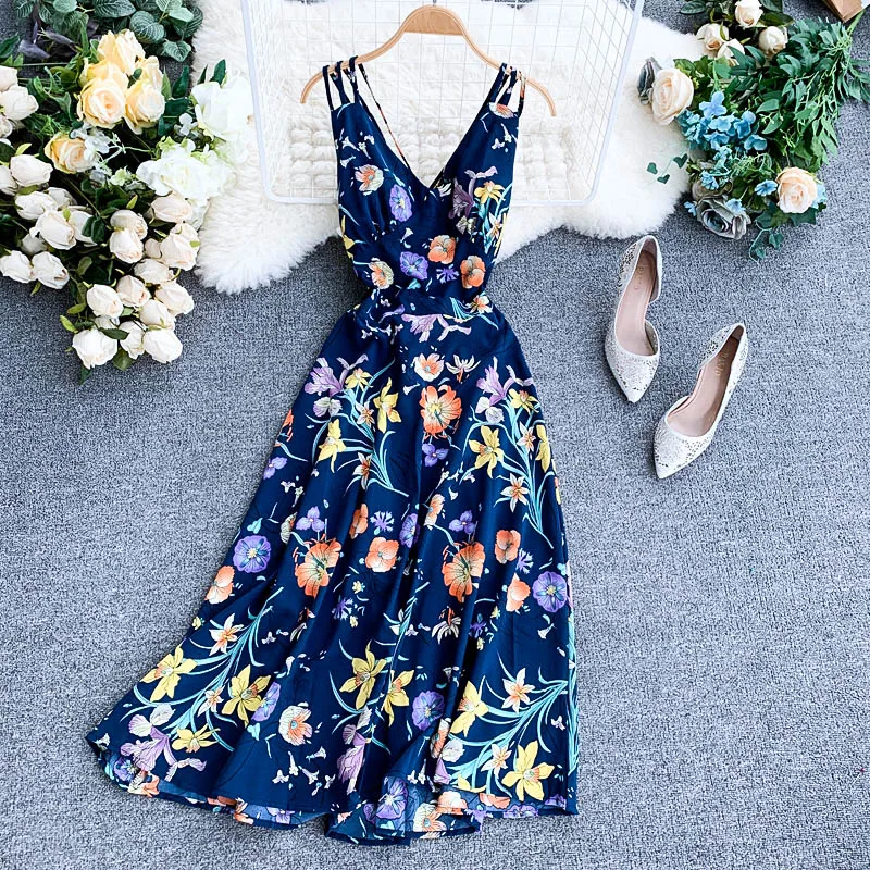 Платье женское шифоновое с V-образным вырезом винтажное длинное повседневное