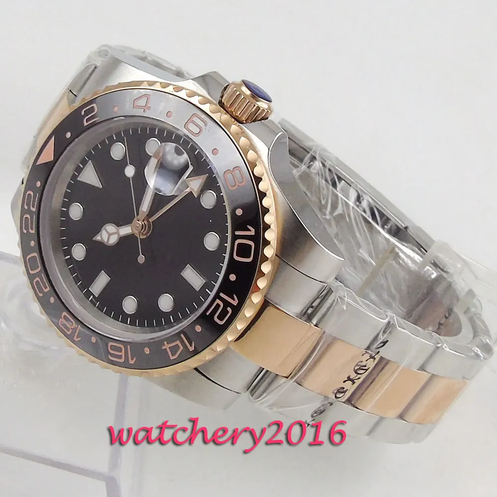 40 мм Bliger мужские часы GMT черный циферблат с покрытием из розового золота