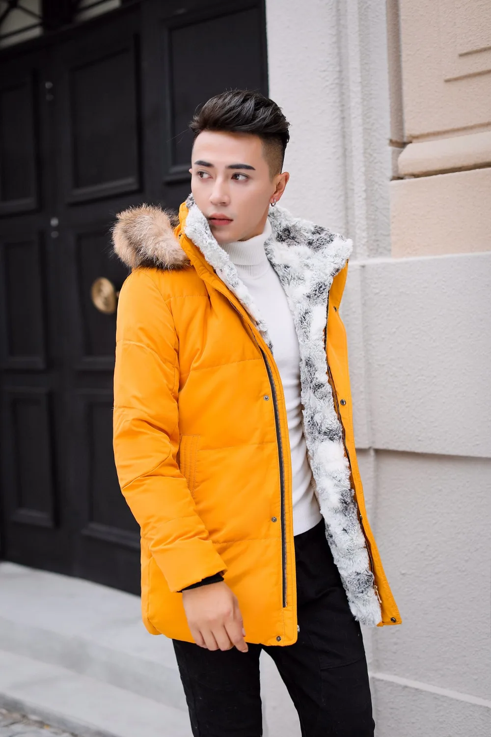 Зимняя мужская куртка, хлопковое пальто, парка, мужская куртка, утолщенная, теплая, кроличий мех, воротник, мех енота, с капюшоном, Размер 4XL, Рождественские предложения