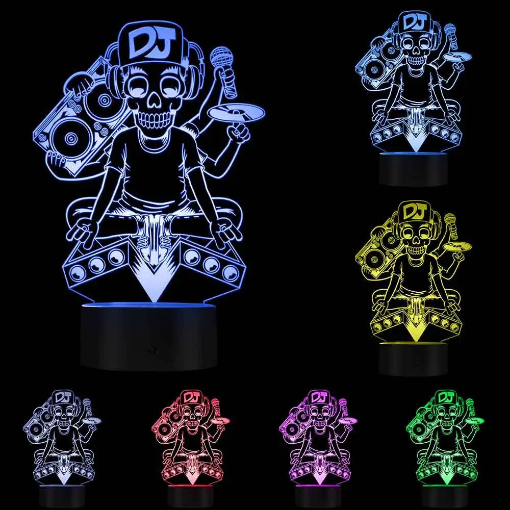 Plastic Base Тату DJ музыка Скелет микрофон силуэт ночные лампы DJ Череп 3D визуальная настольная лампа огни рок музыка декоративное освещение - Цвет: Plastic Base