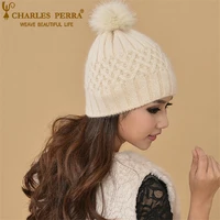 charles perra women winter hats caps with big pom pom warm wool knitted hat casual fashion elegant beanies skullies cd87