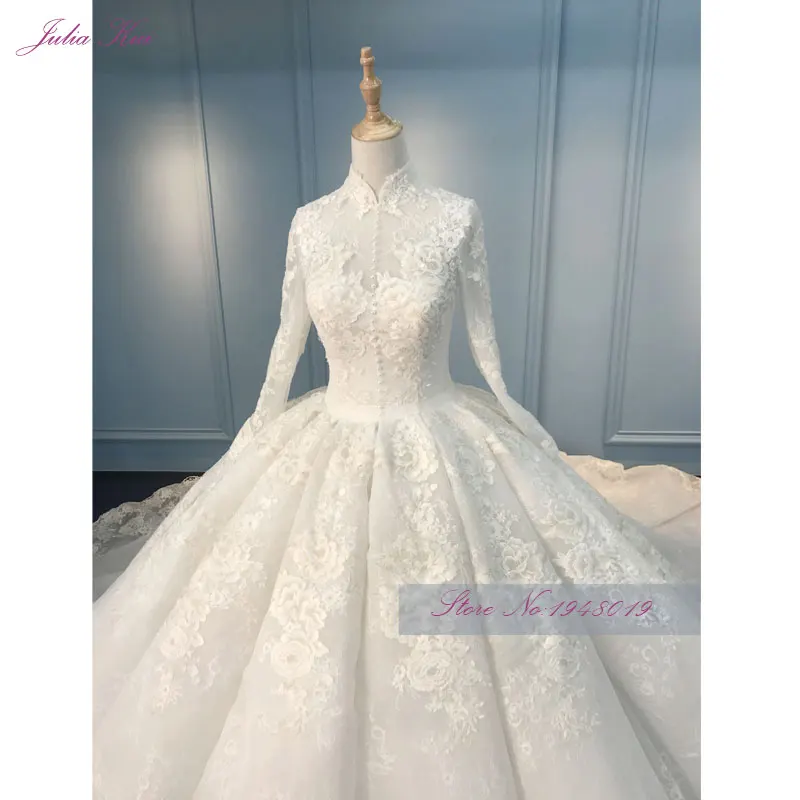 Julia Kui Real Photo Vintage Embroidery Lace Ball Gown Wedding Dress Beading Appliques High Collar Bridal Gown Vestido De Novia