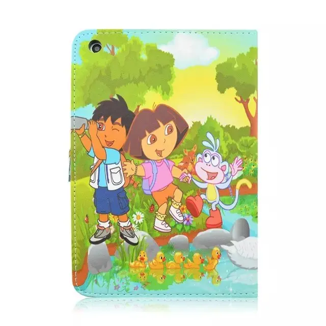 Hot sell Dora the Explorer Cartoon Style PU Leather Flipstand with blue soft back Case Covers Free shipping For ipad 2/3/4 |