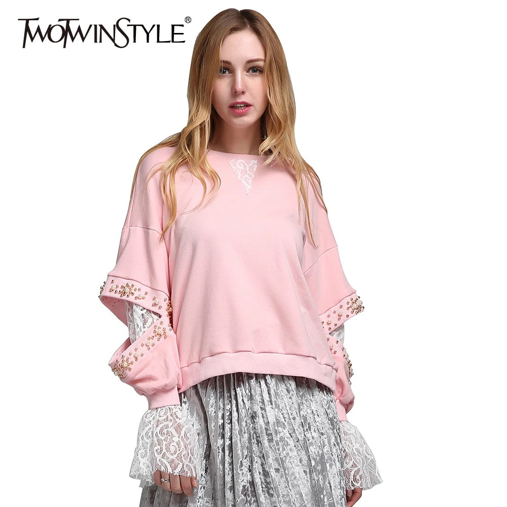 TWOTWINSTYLE 2020 украшен корейским кружевом Бисер с длинным рукавом женские толстовки