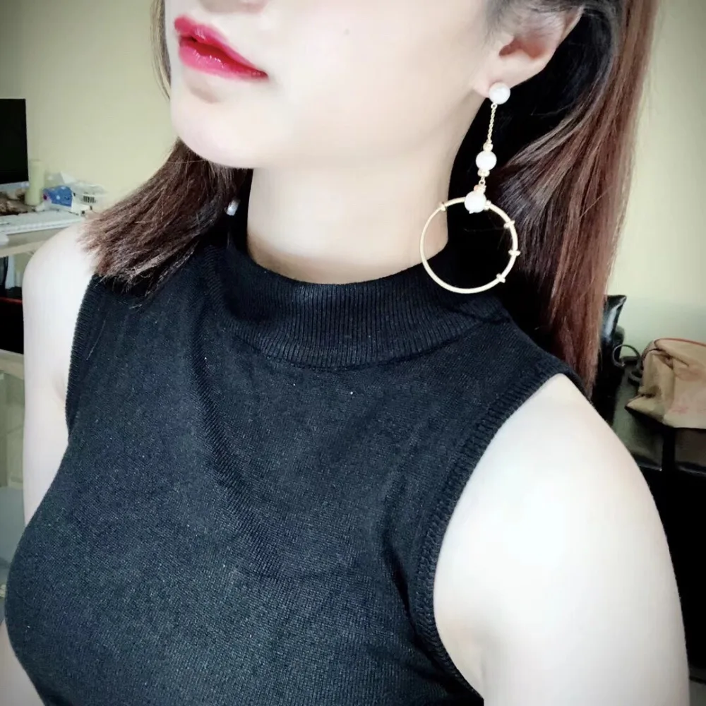 ANI 14K Roll Gold Handmade Women Drop Earring Natural Freshwater White Pearl Long Gold Earring Dangle brincos para as mulheres