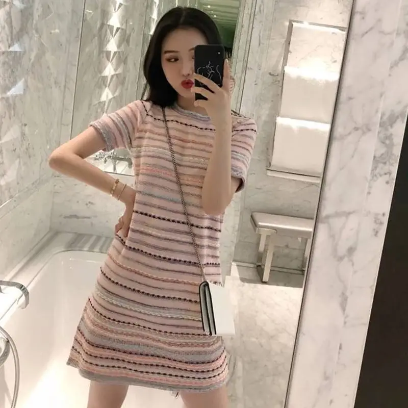 2019 Summer Vintage Stripe Dress Women Mini Knit Short Sleeve Colorful Striped Dresses Female Holiday Vestido Student | Женская одежда