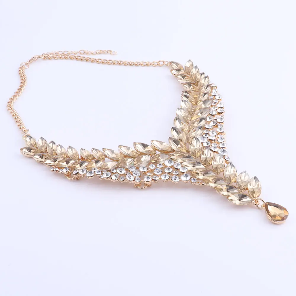 Women Champagne Crystal Wedding Bride Party Costume Accessories Bridal Necklace Earring Jewelry Sets | Украшения и аксессуары