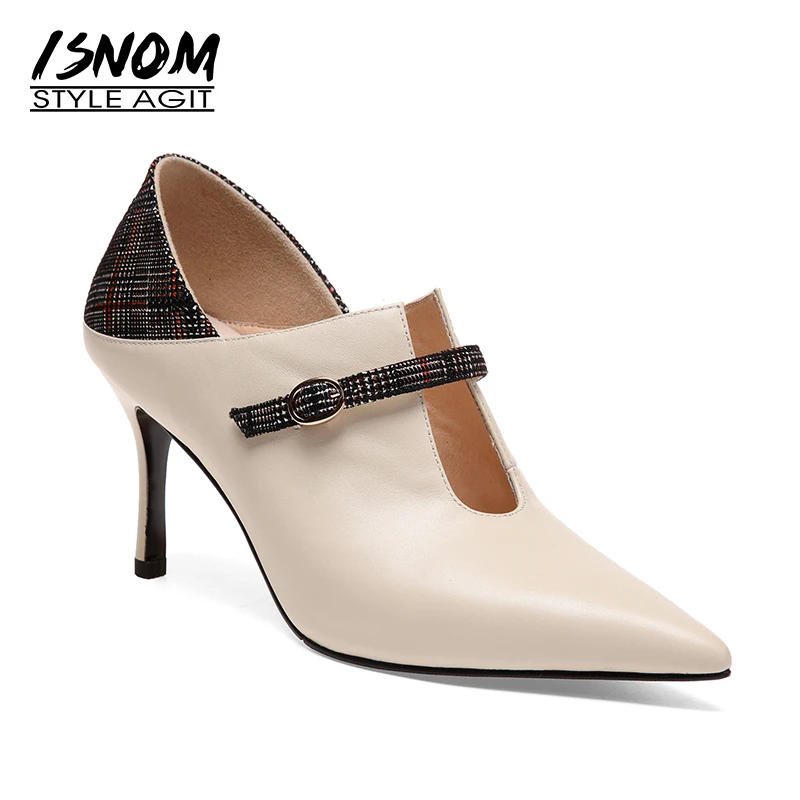 Осенние женские туфли лодочки ISNOM в западном стиле из коровьей кожи клетчатая