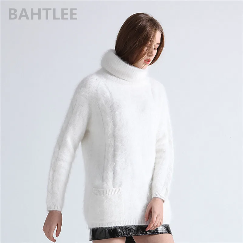 BAHTLEE Winter Women Angora Pullovers Jumper Sweater Turtleneck Mink Cashmere Knitting Pockets Long Sleeves Keep Warm Loosefir | Женская