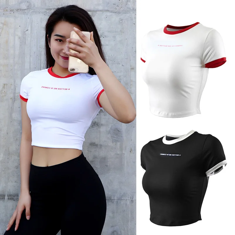 Женские футболки для бега с коротким рукавом укороченный топ фитнеса