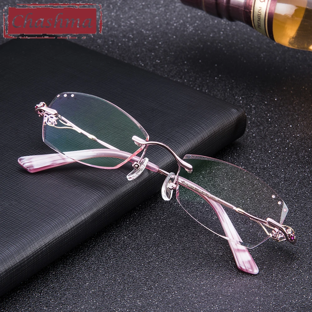 Chashma титановые Модные женские очки для глаз, алмазная оправа без оправы для очков, Женские оправы для очков, цветные линзы