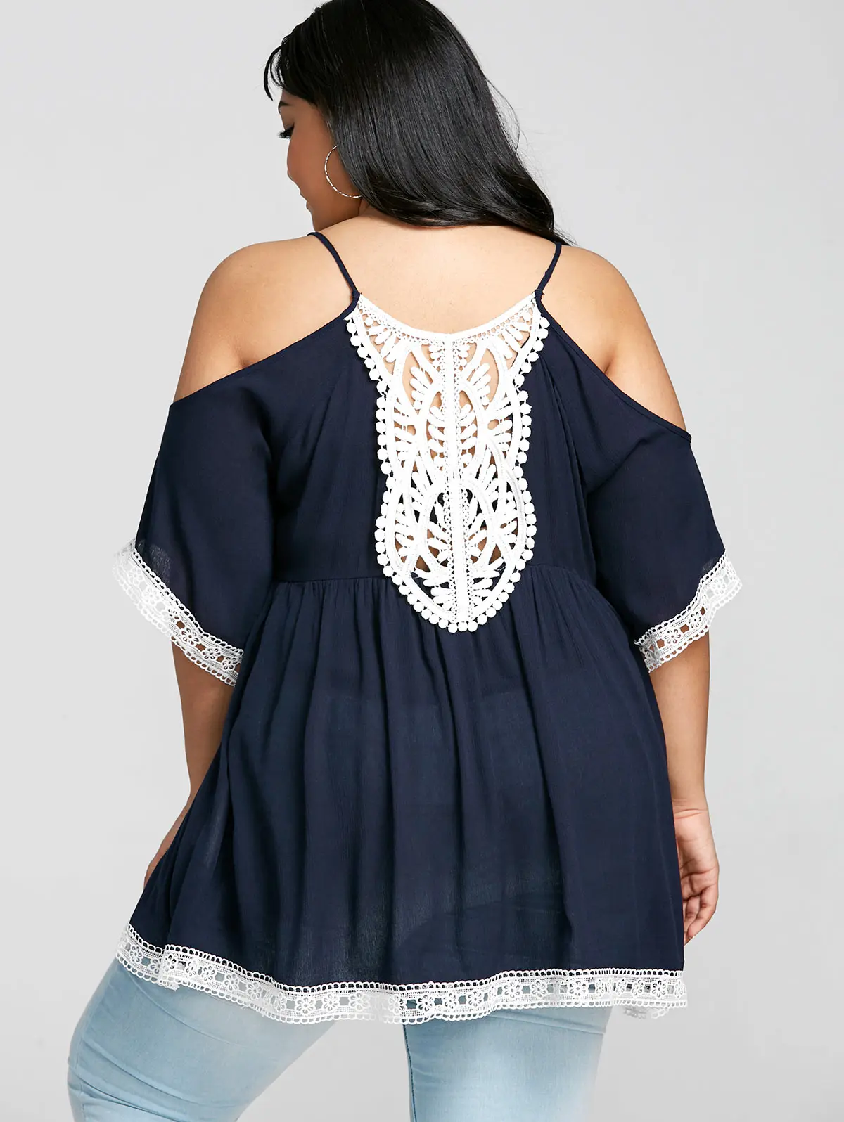 Летняя футболка с открытыми плечами Wipalo большие размеры женские топы кружевной
