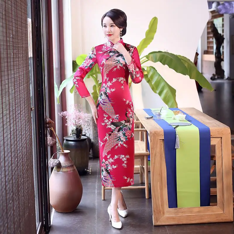Весна осень Cheongsam китайский женский цветок и Павлин Qipao с длинным рукавом vestidos винтажное женское вечернее свадебное платье S-3XL - Цвет: Long Sleeve Rose Red