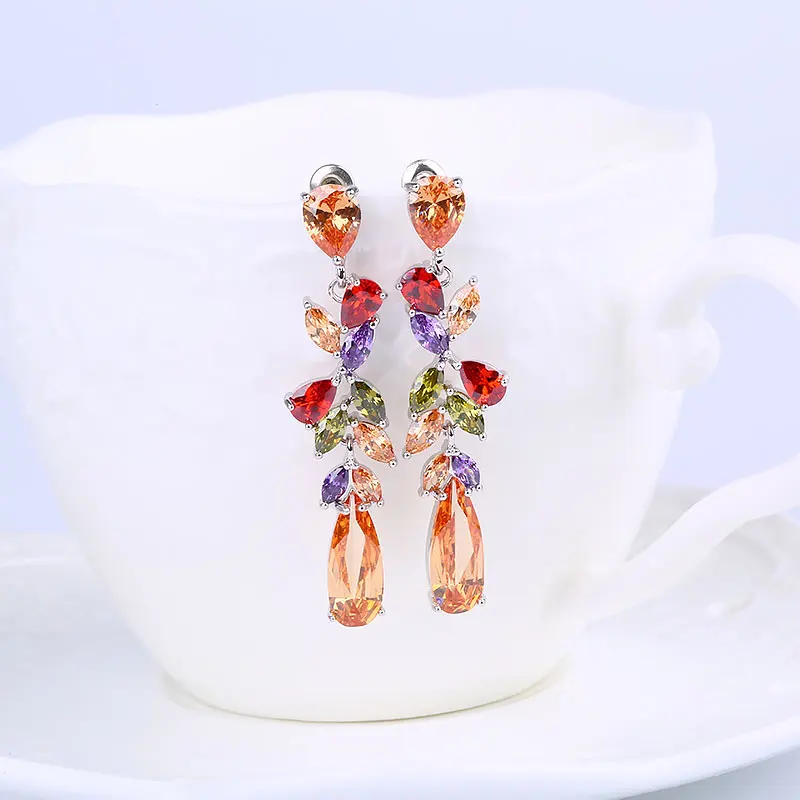FYM Роскошные Красочный Кристалл Длинные Серьги Падения Многоцветный Листья