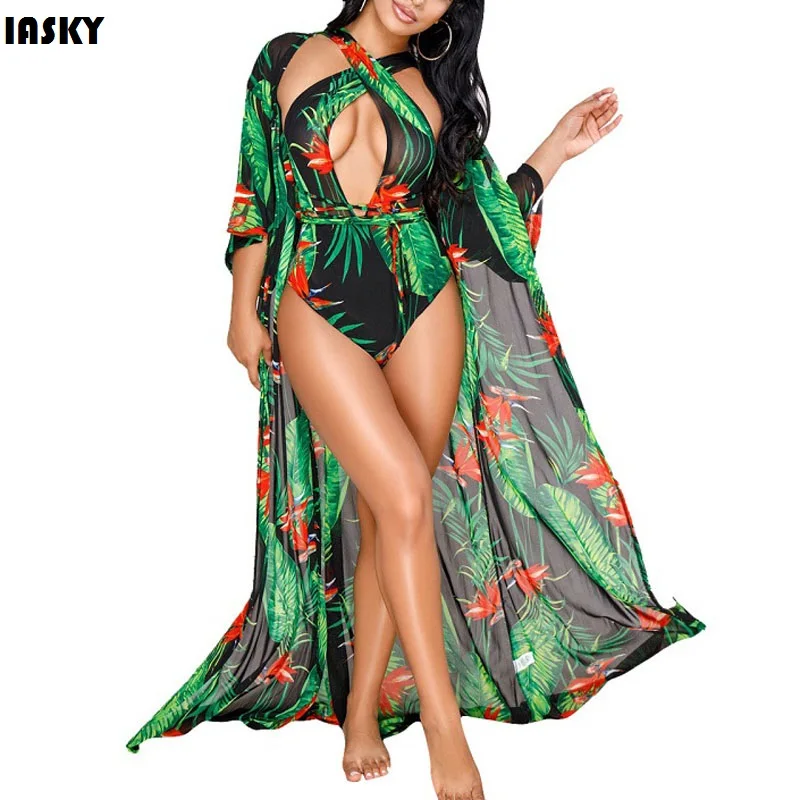 

IASKY Beach Cover Ups+ One piece swimsuit 2018 Sexy Print Green Leaves Cover Up Bandage Swimwear set Robe De Plage