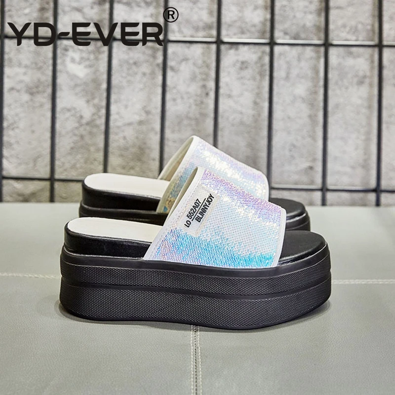 YD-EVER (8 см) женская обувь из натуральной кожи Тапочки блестящие отделанные