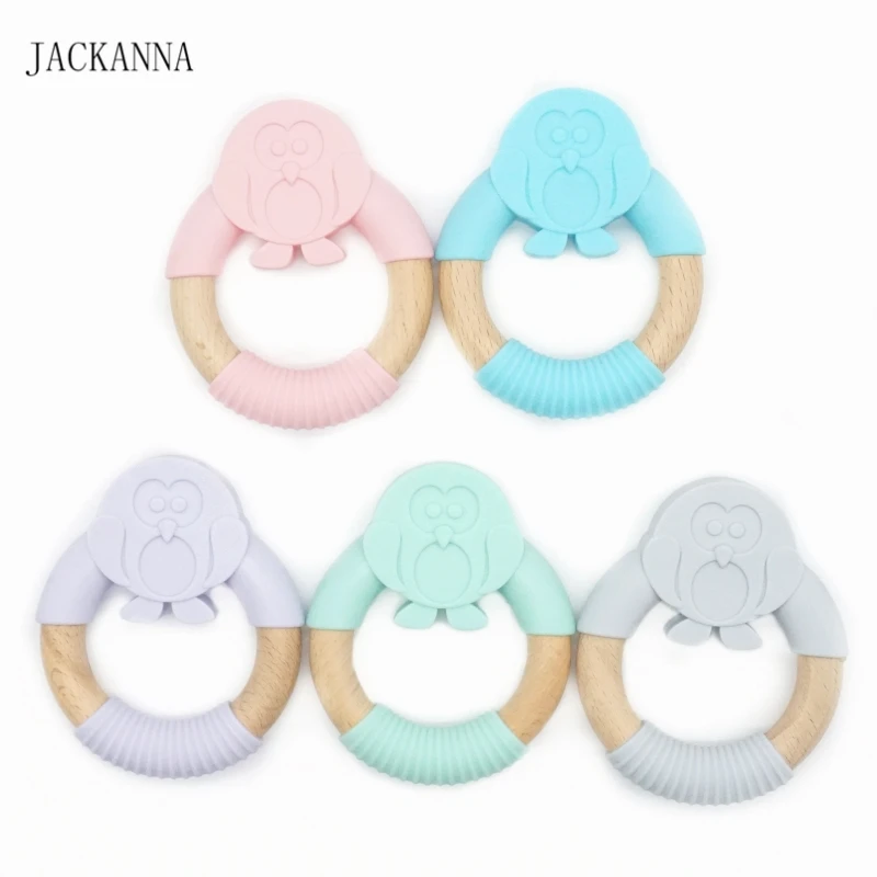 1PC Animal Shape Silicone Teether Wooden Ring Nursing Accessories Chewable Rattle Toy Circle Newborn Shower Gifts Baby Teether
