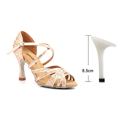 Apricot 8.5cm SHOYDANC/Танцевальная обувь для сальсы, женская обувь для латинских танцев со стразами, женская обувь на Кубинском каблуке 9 см, Обувь для бальных танцев - Цвет: Apricot 8.5cm