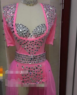 Female Singer Neon Rose White Dj Ds Powder Sparkling Crystals Rhinestone Fashion Epaulette Train Costume Nightclub Dance Wear