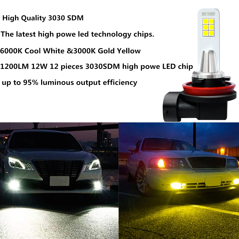 CJXMX H1 H3 H4 H7 H8 H11 9005/HB3 9006/HB4 Автомобильная LED-лампа противотуманного света 3000K Золотисто-желтый 6000K Белый свет для автолампы 12V включено.