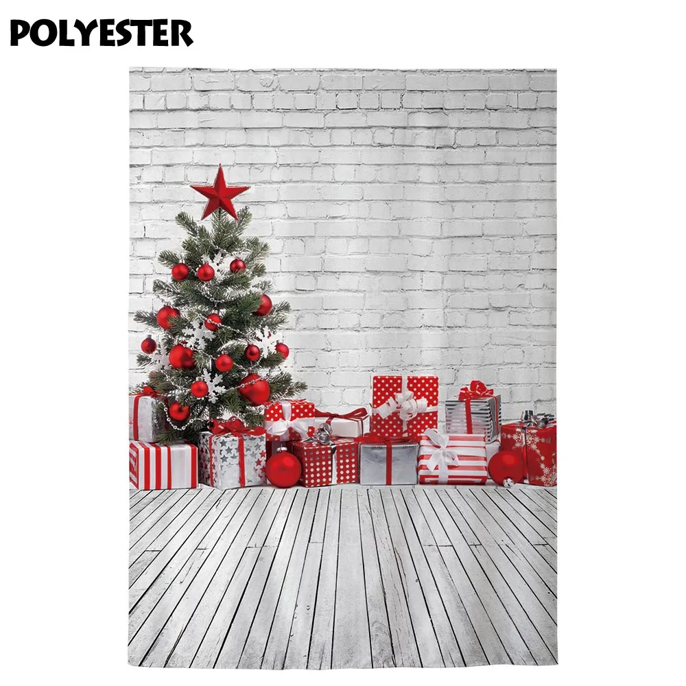 Funnytree photography backdrops white brick wood floor christmas tree gifts decorations background for photo studio photocall |