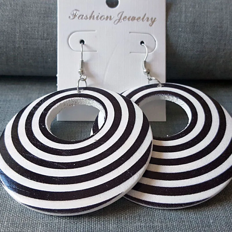 Черные белые полосатые круглые деревянные серьги капли модные Летние свадебные
