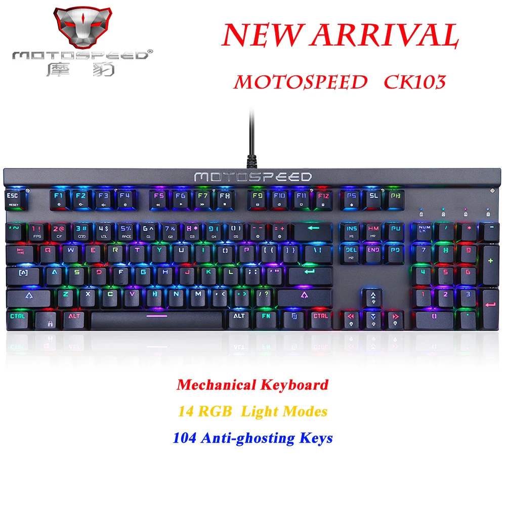 Игровая механическая клавиатура Motospeed CK103, русский английский, красный переключатель, Синий светодиодный, с подсветкой, RGB, компьютерная, игровая, эргономичная, для ноутбука
