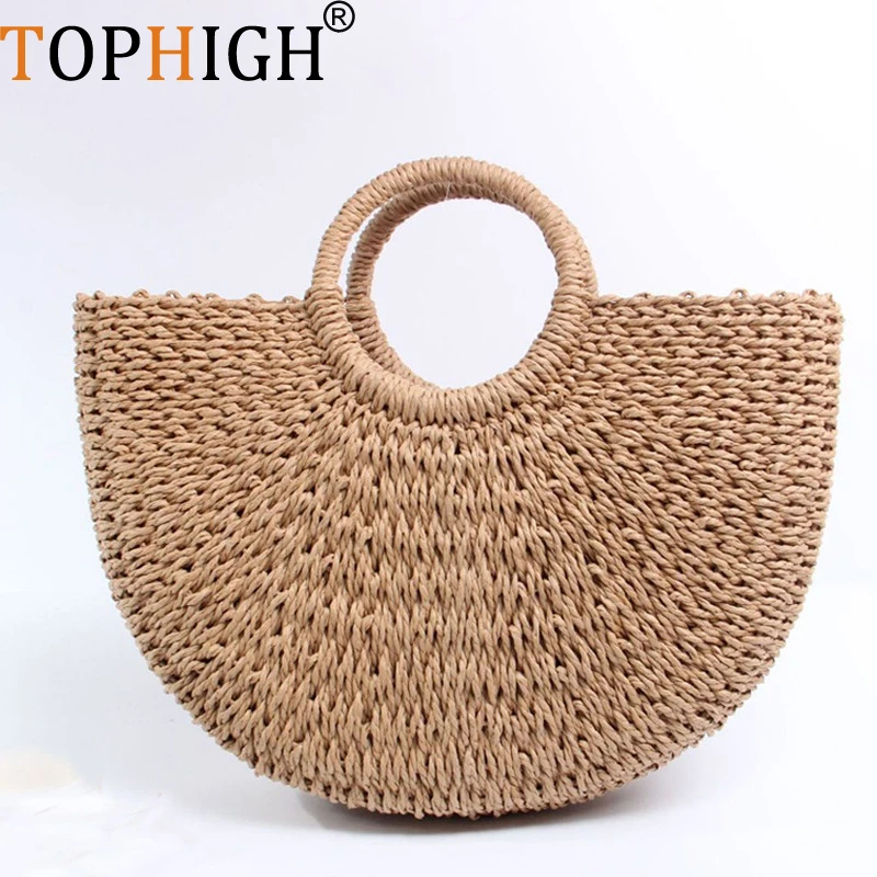 Сумка шоппер женская с круглой деревянной ручкой Соломенная пляжная сумочка