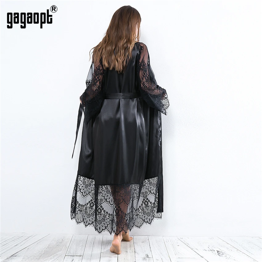 Gagaopt весна 3 цвета кружевные ночные рубашки женские с длинным рукавом модные сексуальные ночные рубашки с поясом пижамы