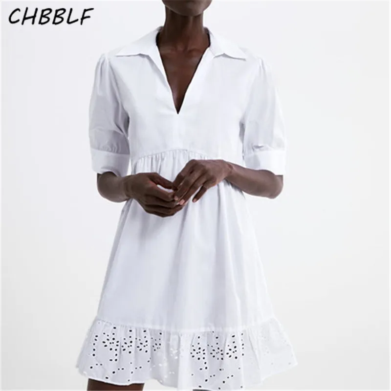 CHBBLF женское белое мини платье с v образным вырезом и вышивкой оборками элегантное