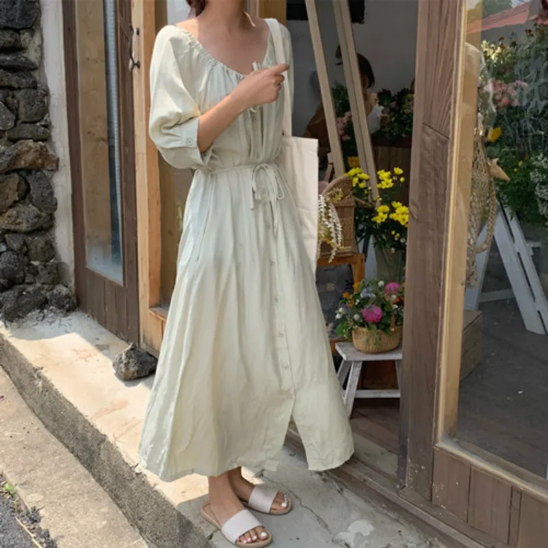 Женское летнее длинное платье-рубашка с круглым вырезом и шнуровкой, Vestidos со шнуровкой размера плюс, повседневное платье, Femme Sukienki Sommerkleid