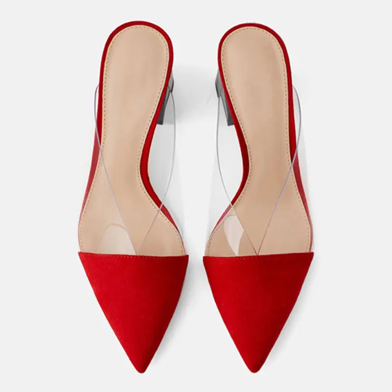 Красный GENSHUO Summer Single Shoes Ladies Pointed Toe Transparent Chunky High Heel Shoes Mules Slide Slippers Outdoors Dress Party Shoe - Цвет: Красный