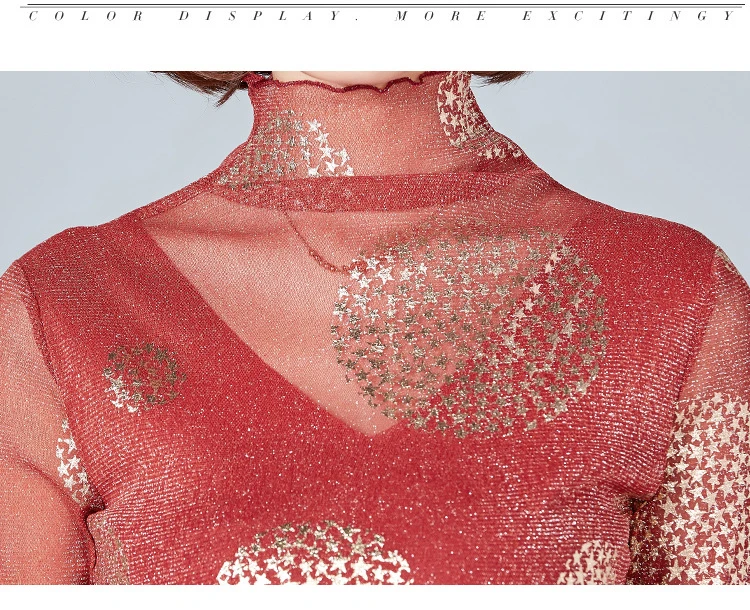 Moda Jihan, женские рубашки, блестящая сетка, кружева, звезды, длинные рукава, Топы И Футболки с внутренней одеждой, тянущаяся рубашка, оборки, обрезка, Топ