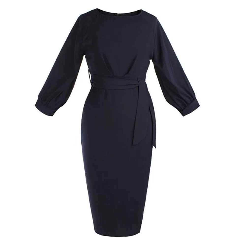 Женская деловая рабочая одежда платье элегантное миди 3/4 рукав тонкий высокая