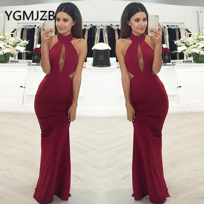 

Gala Jurken 2022 Simple Burgundy Prom Dresses Long Sheath Halter Sexy Evening Gown Saudi Arabic Women Formal Party Gown