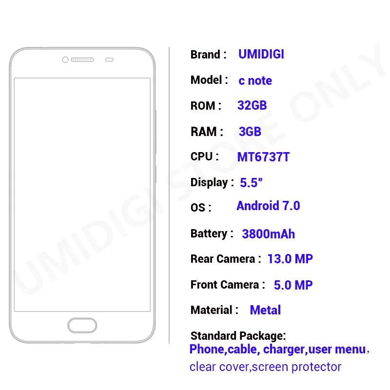 Umidigi C Примечание Android 7 0 Металл сотовый телефон отпечатков пальцев мобильный MTK