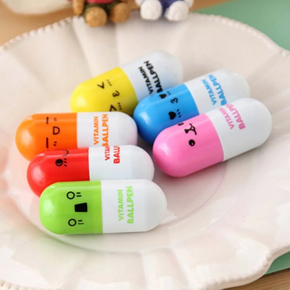 Cute Cartoon Ballpoint Novelty Pill Shape Smile Face Ballpoint Pen Retractable Mini Pen Stationery Student School Supplies