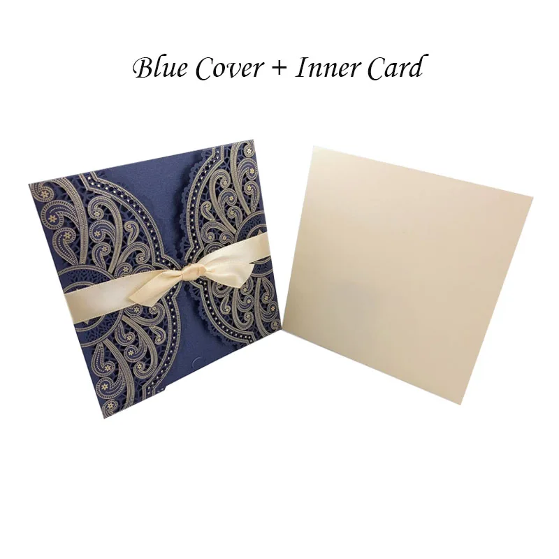 Cover And Inner Card 1 шт., синий, белый, золотой, красный, лазерная резка, свадебные приглашения, карты, элегантные, на заказ, с лентой, для праздника, дня рождения, вечеринки, свадебные украшения - Цвет: Cover And Inner Card
