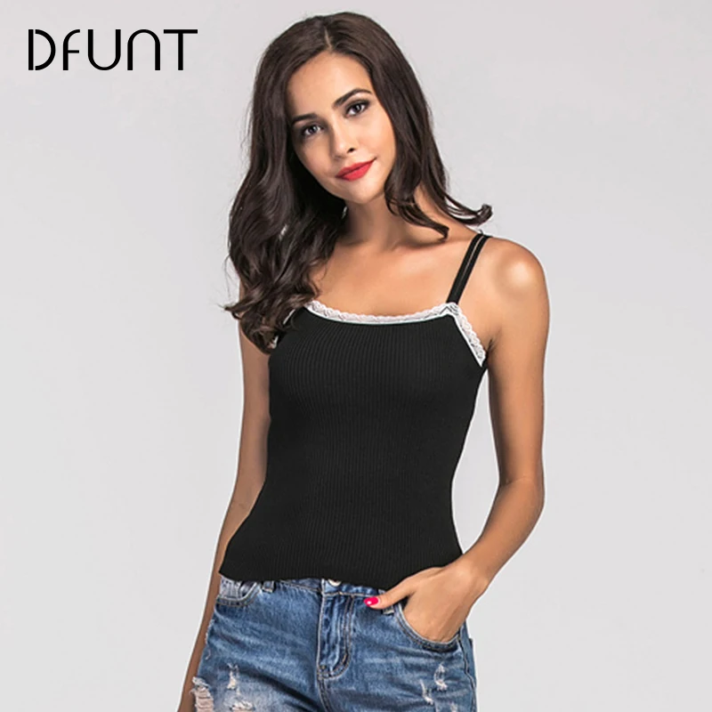 Dfunt Лето Женщины Ткань Camisoles Dentelle лоскутное сексуальный белый/черный с открытыми