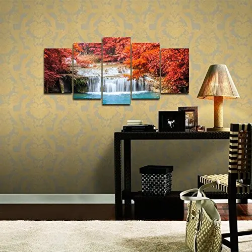 

Red Forest Waterfall Modern 5 Panels Artwork Canvas Prints Woods Pictures Paintings on Canvas Wall Art No Frame