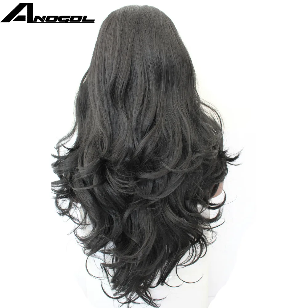 Anogol черный длинный объемный волнистый термостойкий волокнистый волос без клея