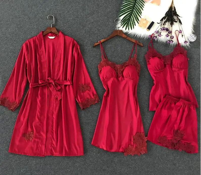 Red A Комплект из 4 предметов, сексуальное шелковое атласное ночное белье, Цветочный халат+ ночная рубашка+ топ-комбинация+ шорты, кружевное ночное белье, домашняя одежда для женщин - Цвет: Red A