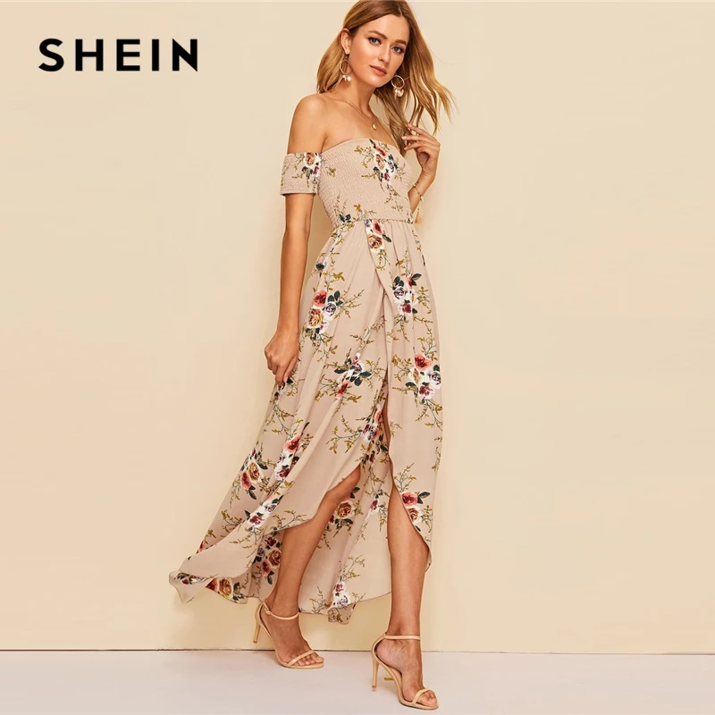 SHEIN Платье С Открытыми Плечами И Цветочным Принтом Летнее Макси Платье Без Рукавов
